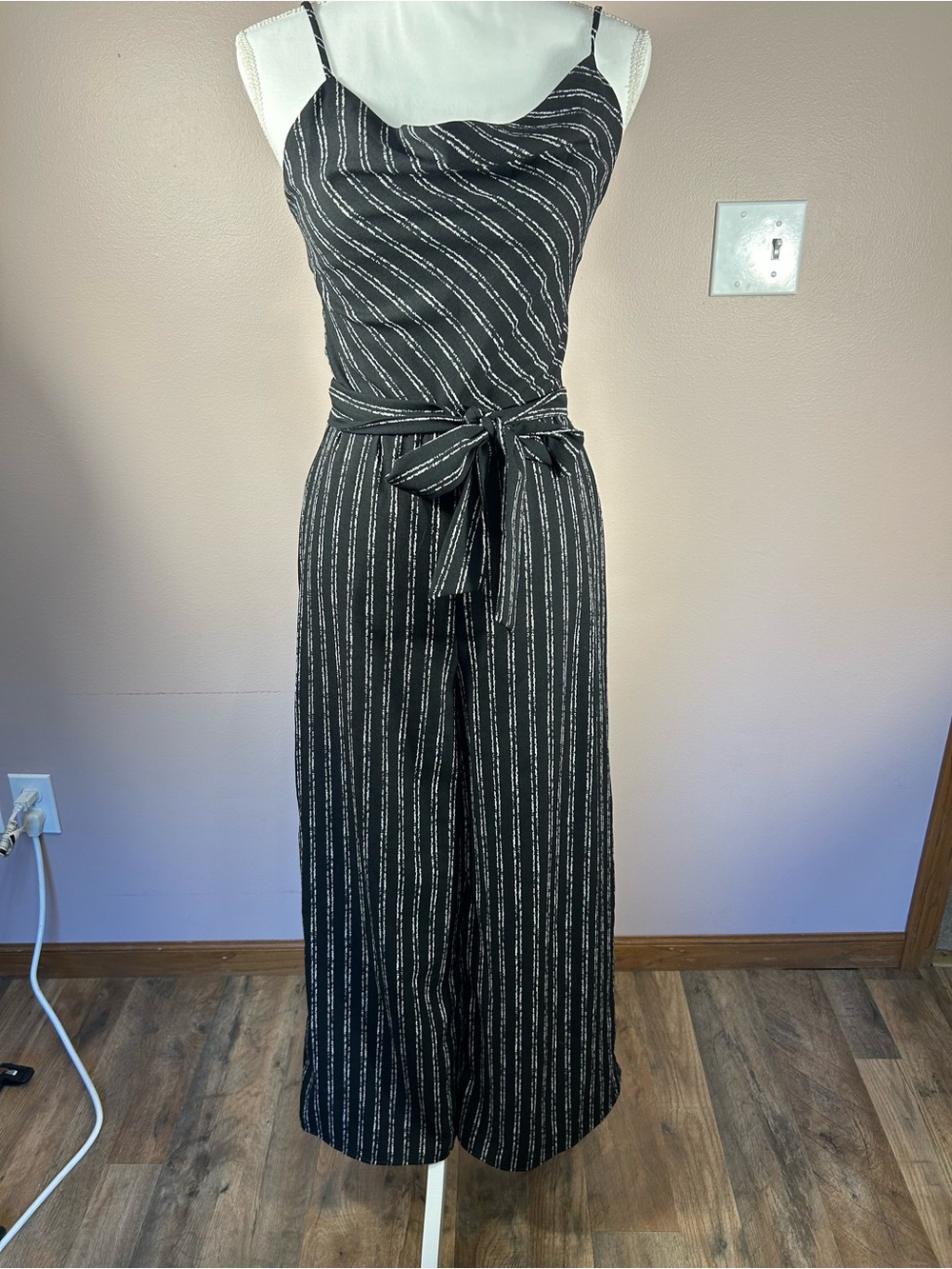 The Vanity Room Black Striped Tie-Waist Jumpsuit